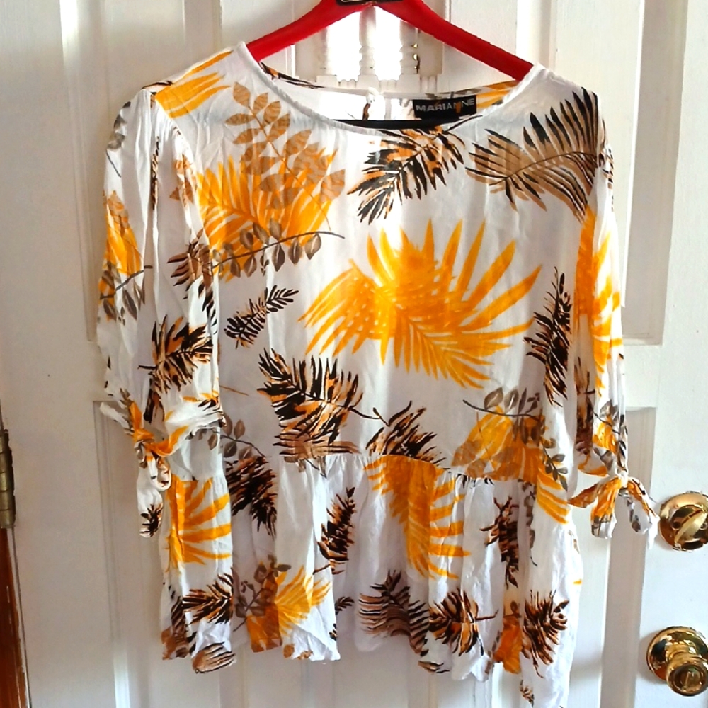 Marianne White  And Yellow Ruffled 3/4 Sleeve Blouse